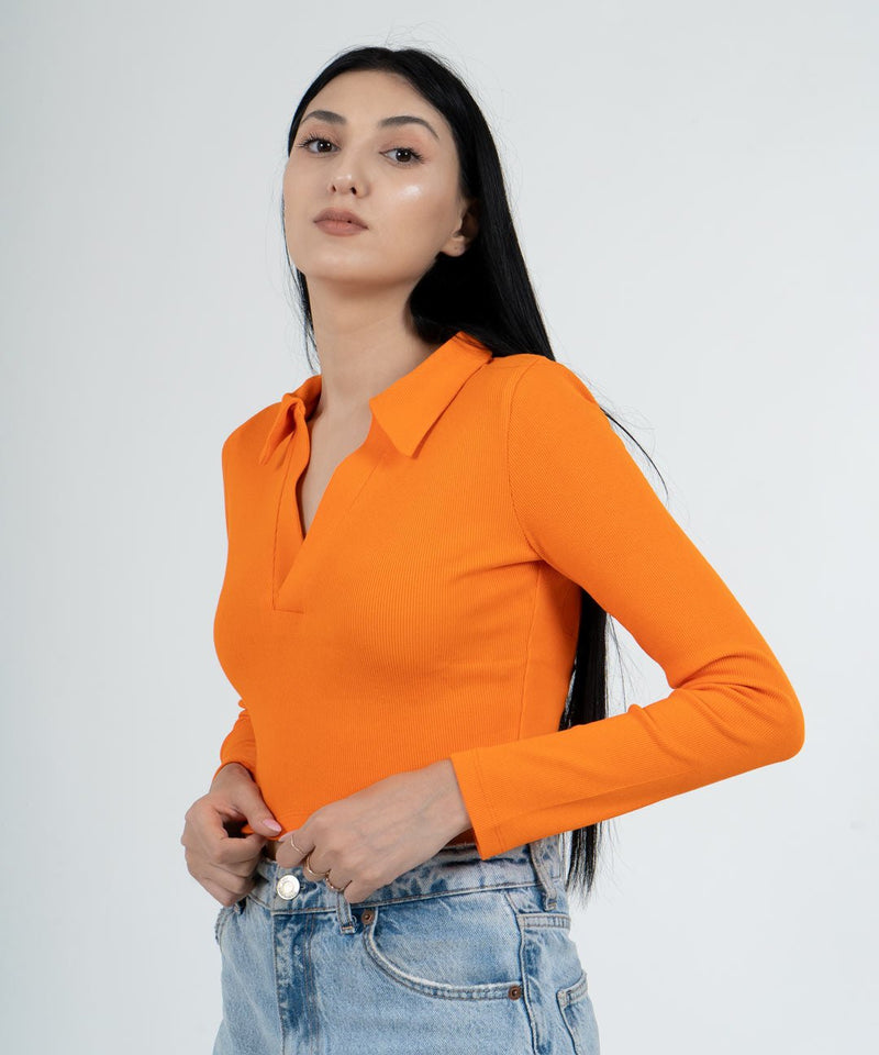 Ribbed Collared Full Sleeves Top - Neon orange