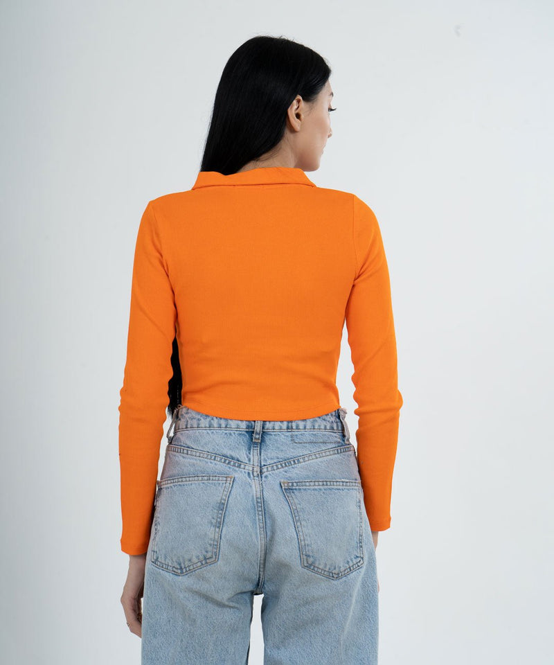 Ribbed Collared Full Sleeves Top - Neon orange