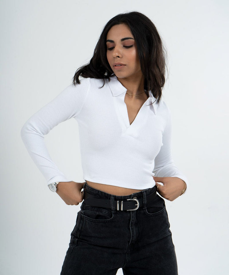 Ribbed Collared Full Sleeves Top - White