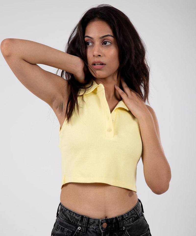Ribbed Collar Sleeveless Top - Lemon - TheBTclub