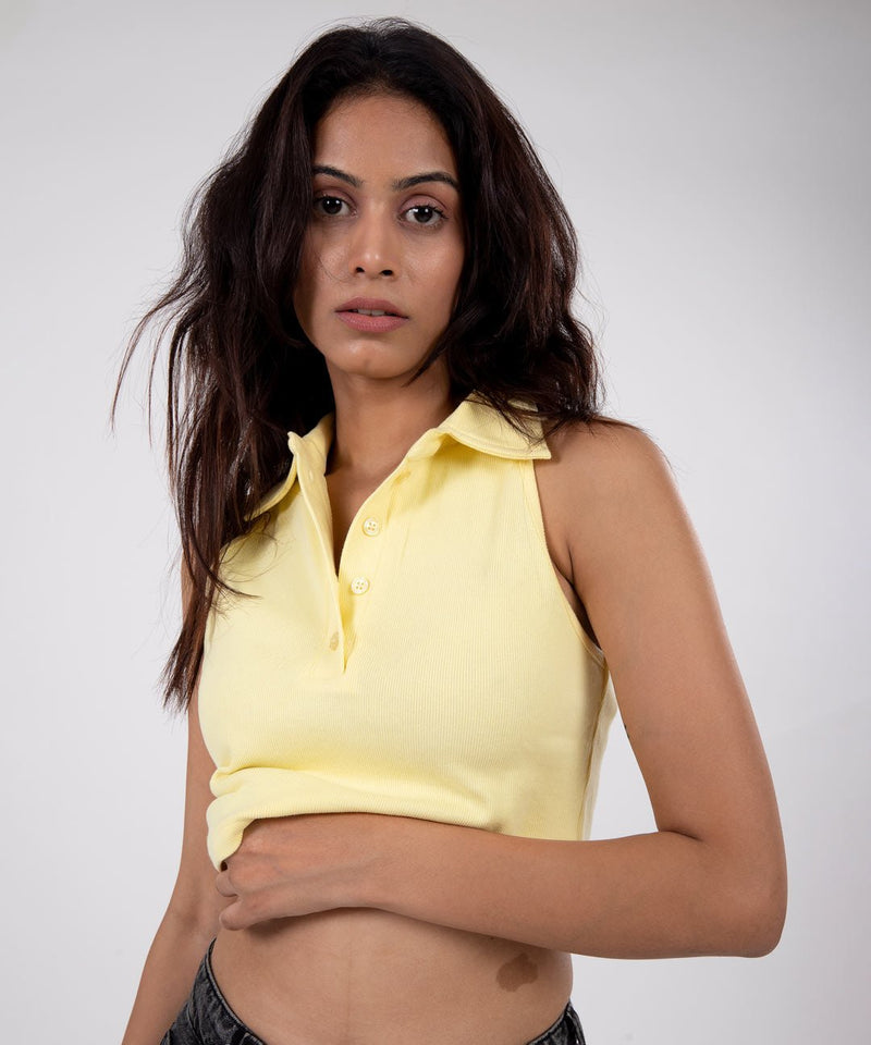 Ribbed Collar Sleeveless Top - Lemon - TheBTclub