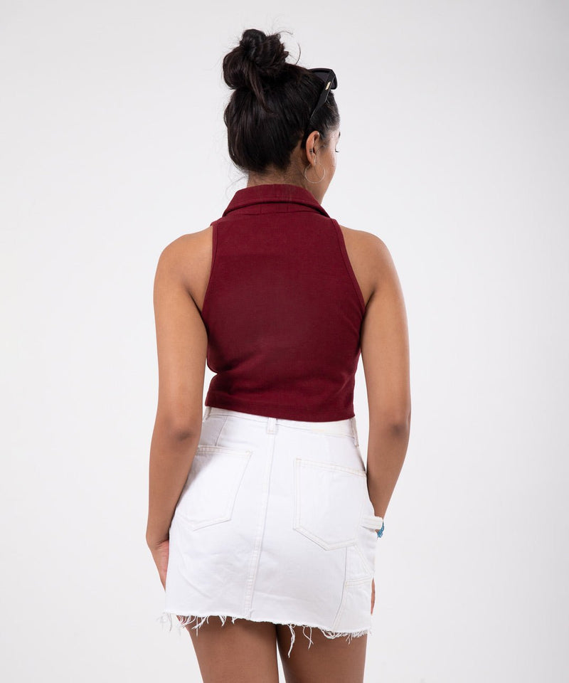 Ribbed Collared Sleeveless Top - Maroon