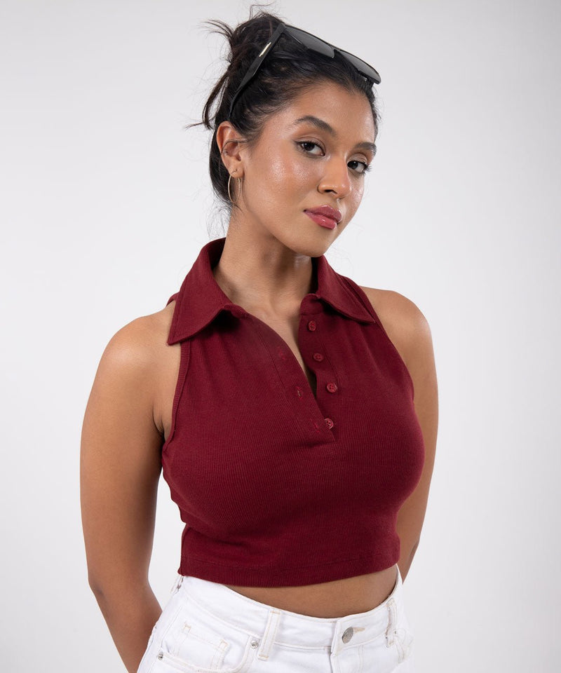 Ribbed Collared Sleeveless Top - Maroon