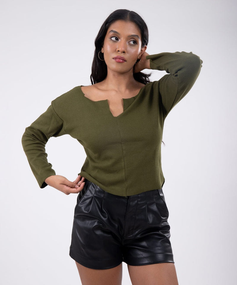 Ribbed Comfort Fit Top - Olive green