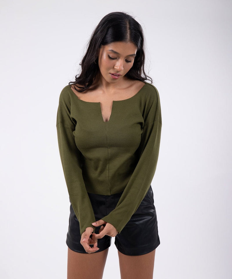 Ribbed Comfort Fit Top - Olive green