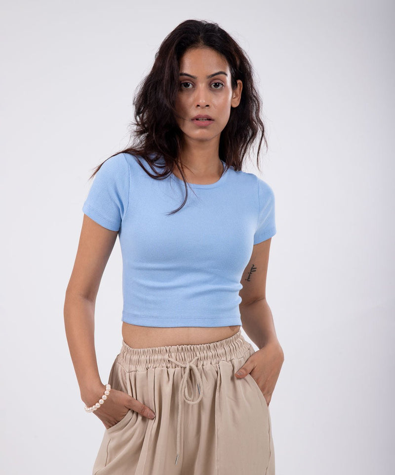 Ribbed Cropped T-shirt - Light blue