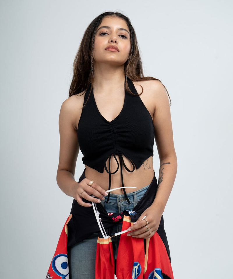 Ribbed Draped Drawstring Cropped Top - Black - TheBTclub