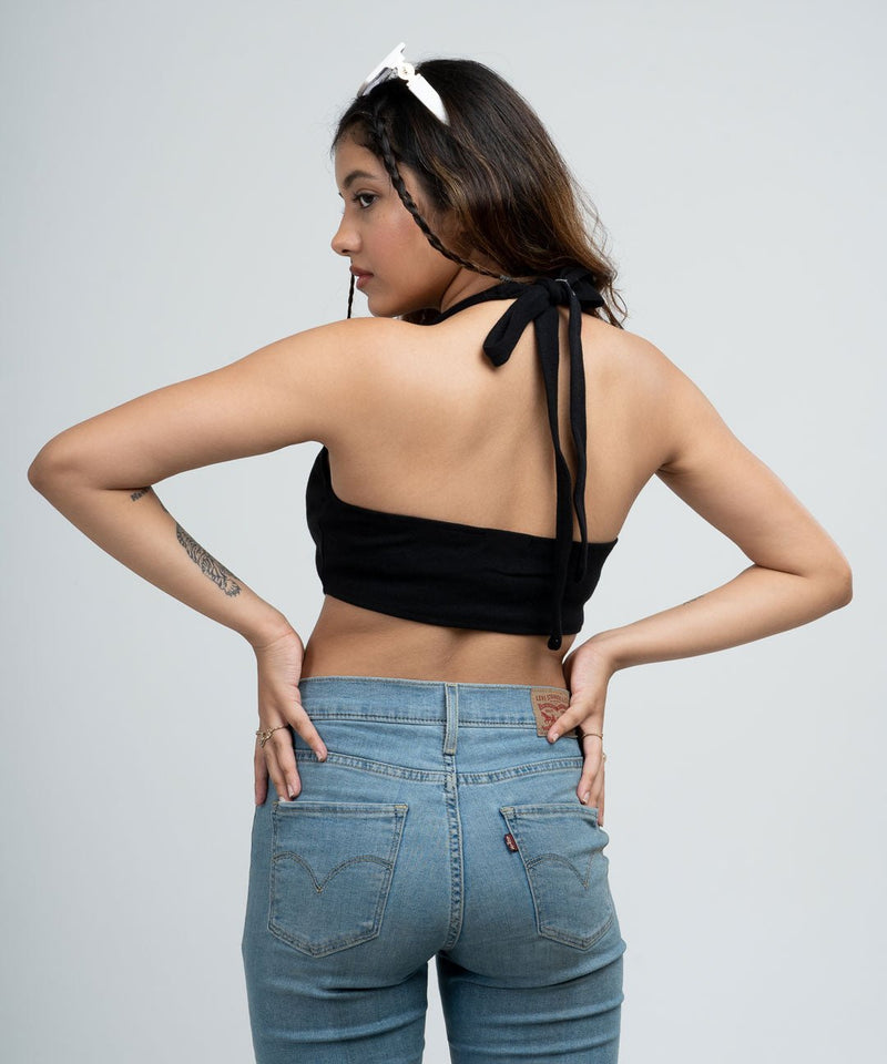 Ribbed Draped Drawstring Cropped Top - Black - TheBTclub