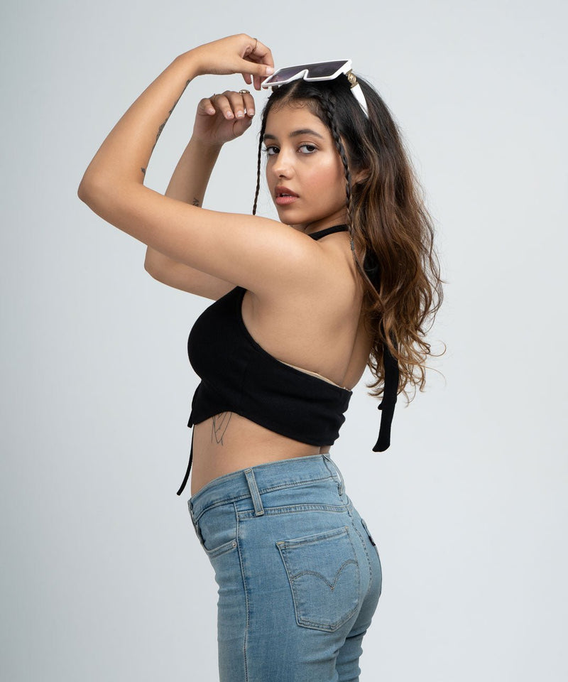 Ribbed Draped Drawstring Cropped Top - Black - TheBTclub