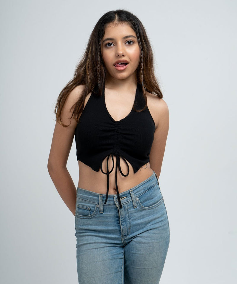 Ribbed Draped Drawstring Cropped Top - Black - TheBTclub