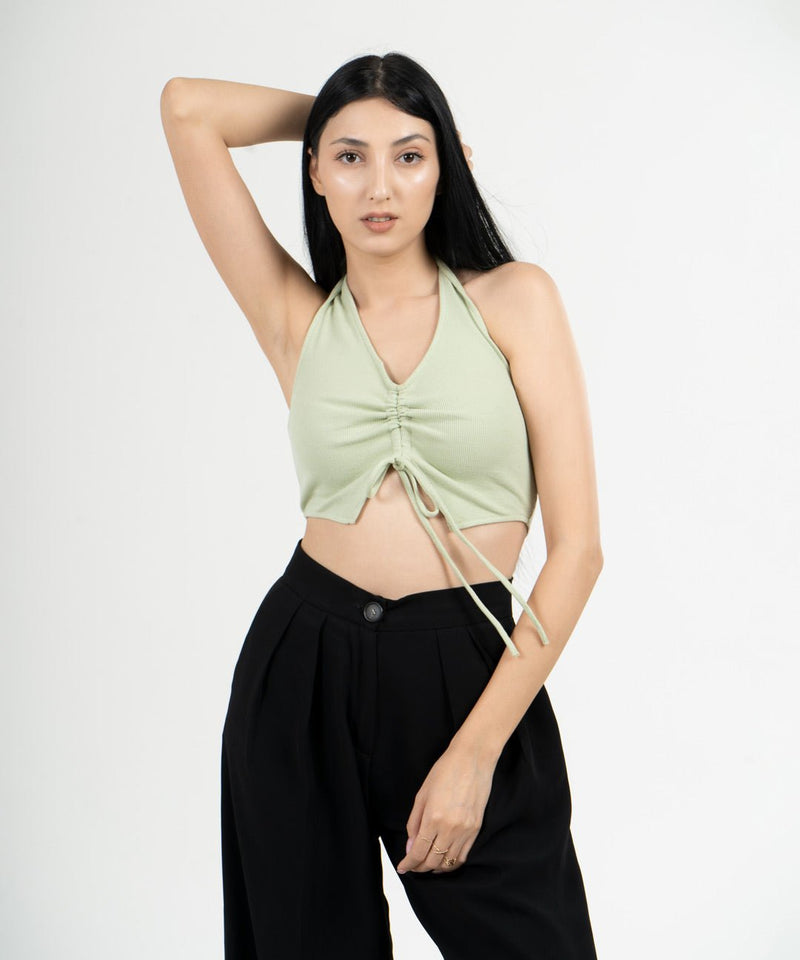 Ribbed Draped Drawstring Cropped Top - Pastel Green - TheBTclub