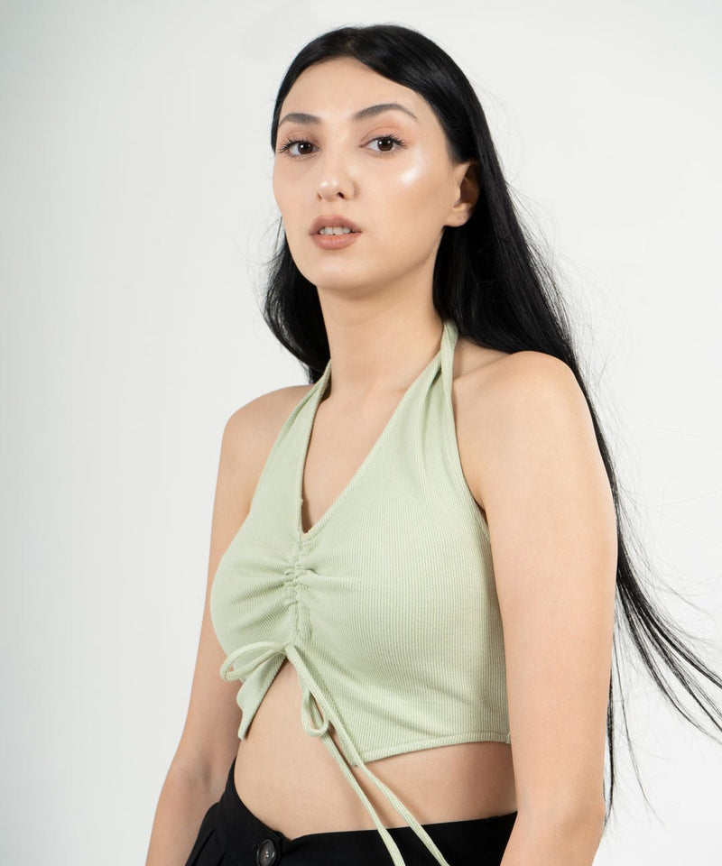 Ribbed Draped Drawstring Cropped Top - Pastel Green - TheBTclub