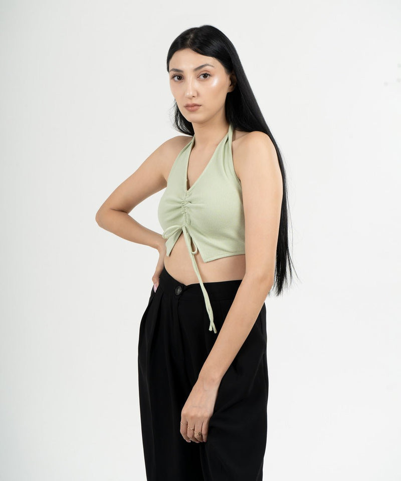 Ribbed Draped Drawstring Cropped Top - Pastel Green - TheBTclub
