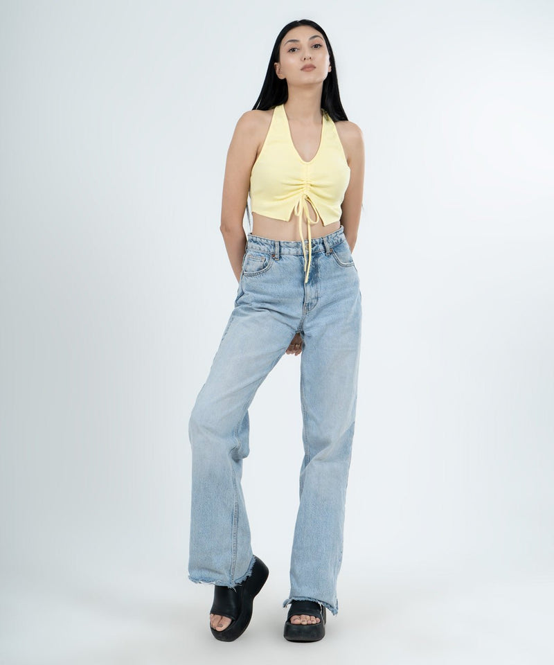 Ribbed Drapped Drawstring Cropped Top - Lemon - TheBTclub