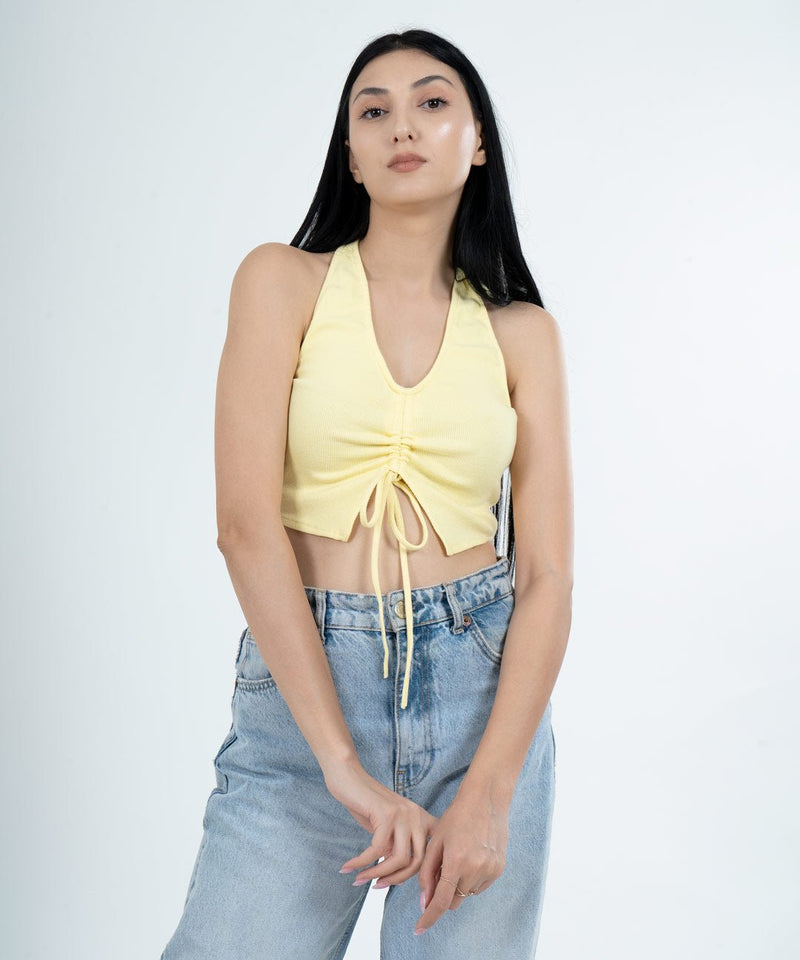 Ribbed Drapped Drawstring Cropped Top - Lemon - TheBTclub