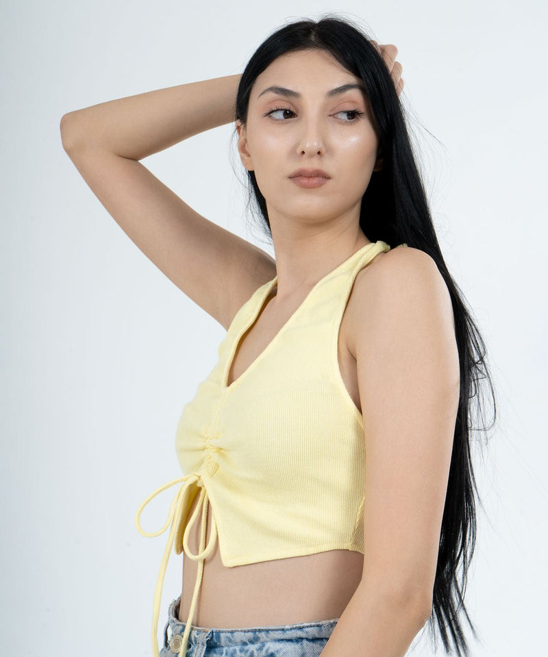 Ribbed Drapped Drawstring Cropped Top - Lemon - TheBTclub