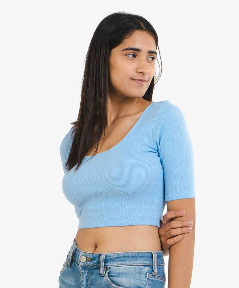 Ribbed Half Sleeves Top - Sky Blue - TheBTclub