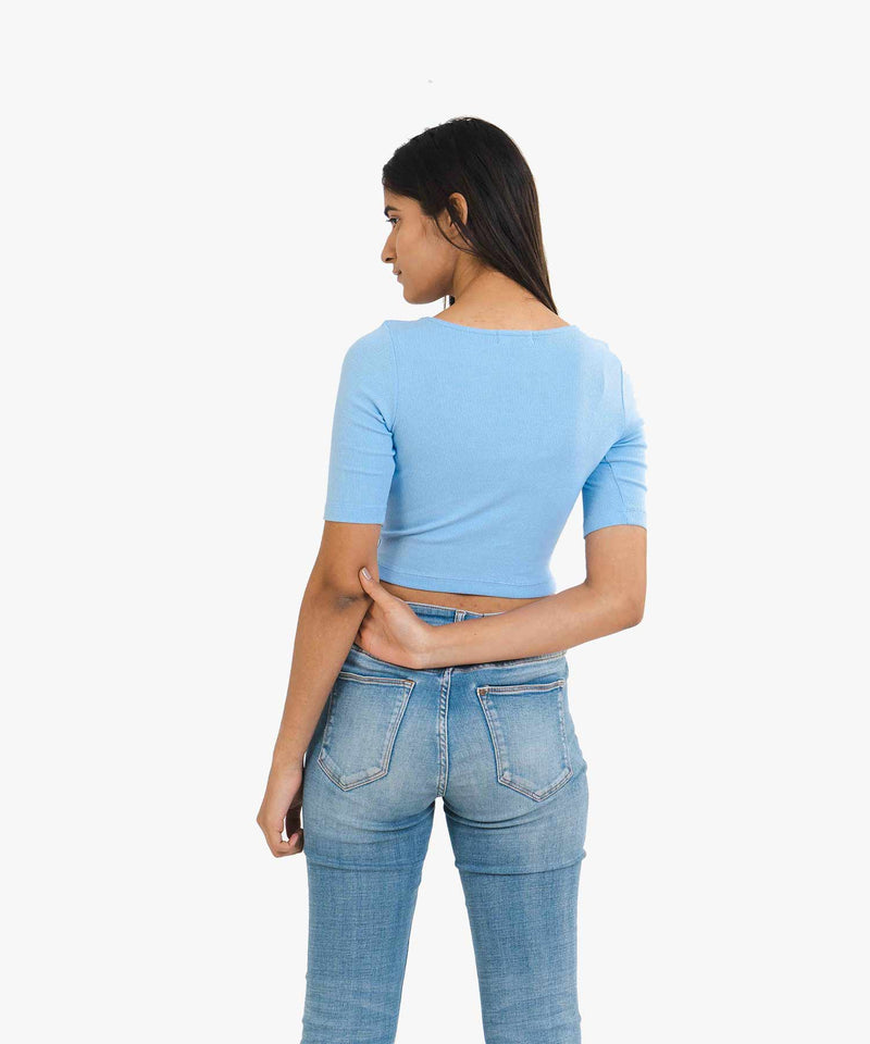 Ribbed Half Sleeves Top - Sky Blue - TheBTclub