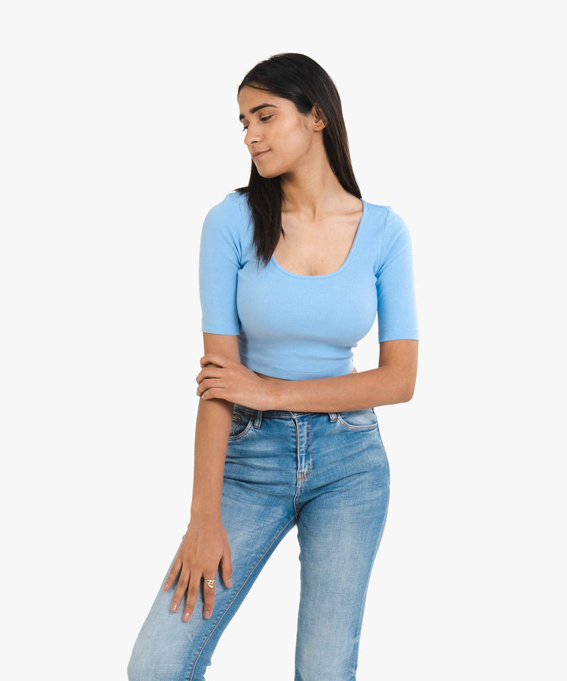 Ribbed Half Sleeves Top - Sky Blue - TheBTclub