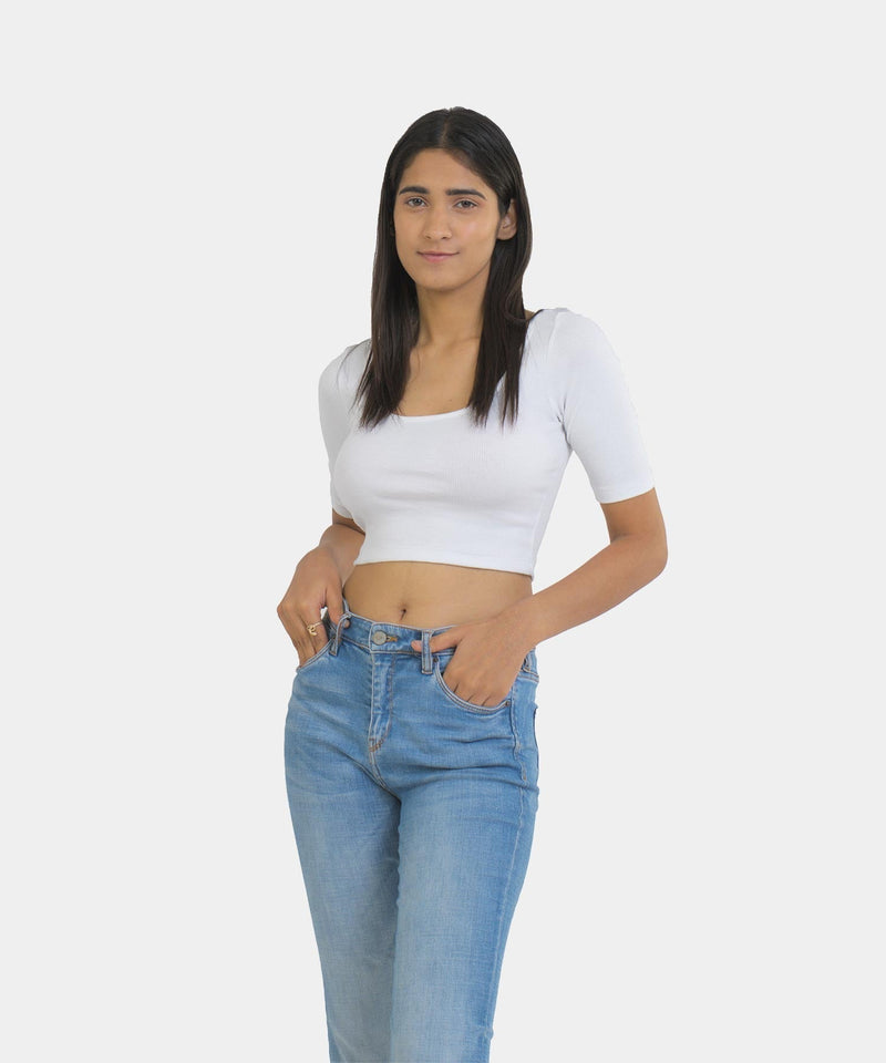 Ribbed Half Sleeves Top - White - TheBTclub