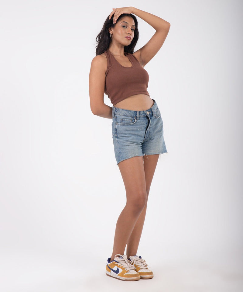 Ribbed HalterNeck Crop Top - Brown