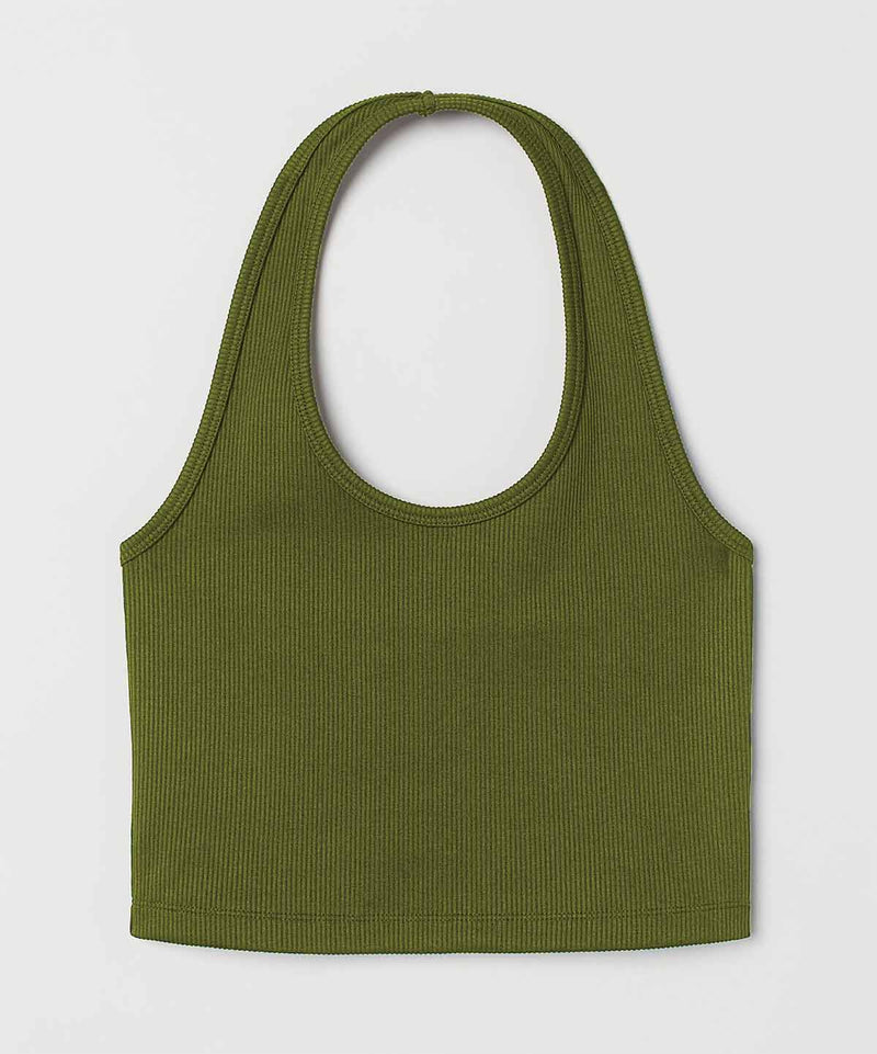 Ribbed HalterNeck Crop Top - Olive green