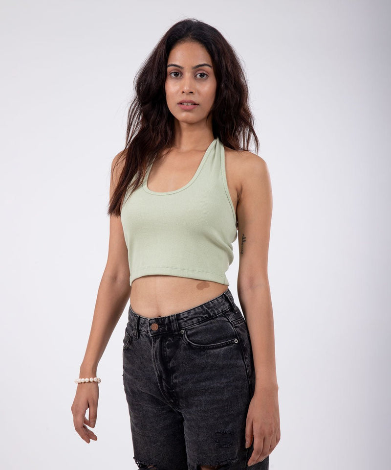 Ribbed HalterNeck Crop Top - Pastel green