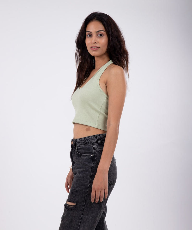 Ribbed HalterNeck Crop Top - Pastel green