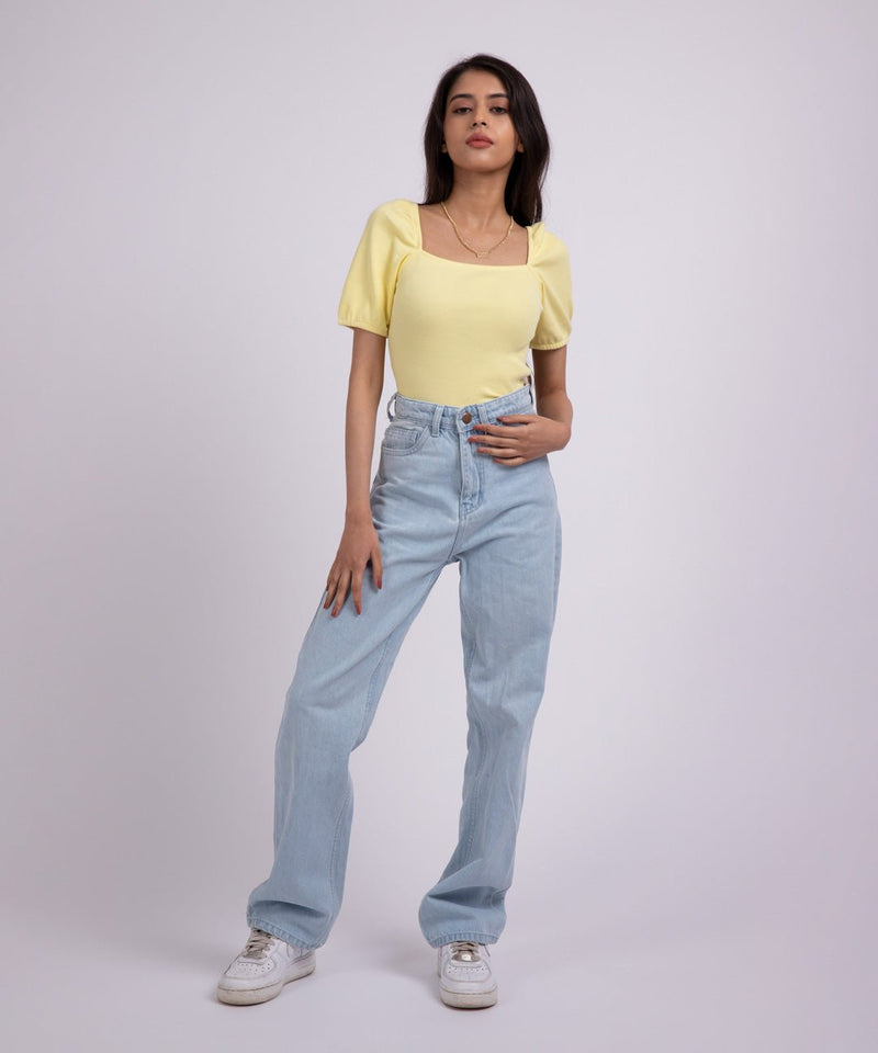 Ribbed Puff Sleeves SquareNeck Top - Lemon