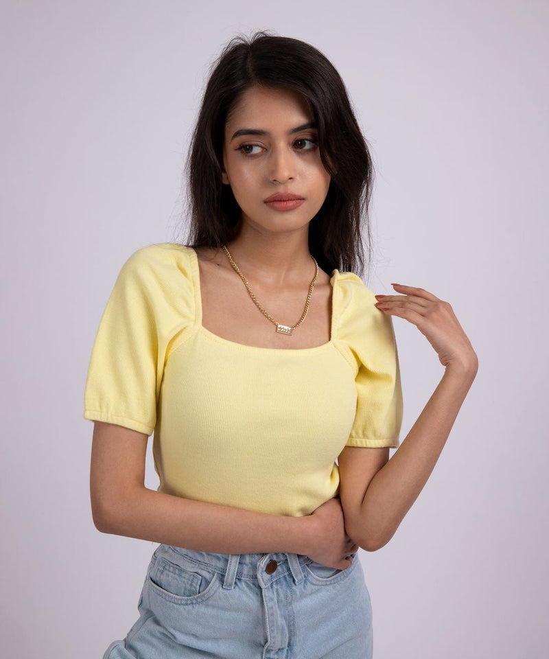 Ribbed Puff Sleeves SquareNeck Top - TheBTclub
