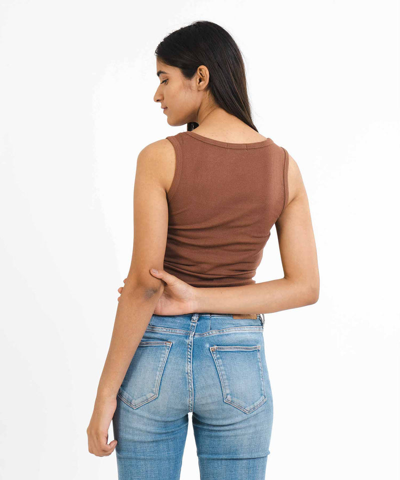 Ribbed Square Neck Top - Brown