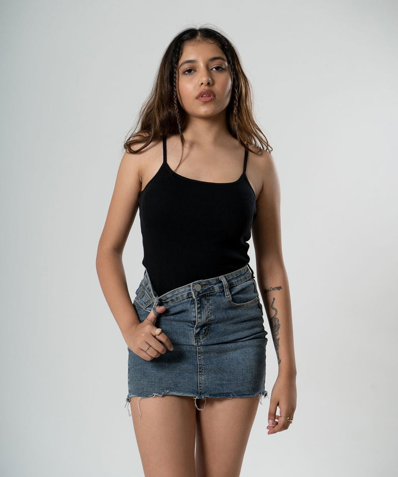 Ribbed Strapped Vest Top - Black - TheBTclub