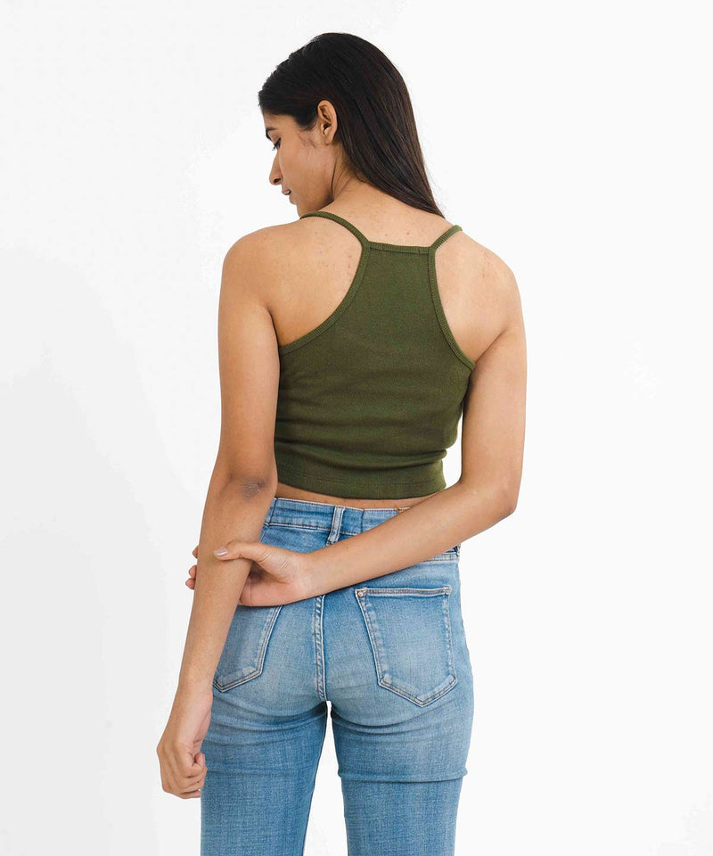 Ribbed Thin Strap Crop Top - Olive green