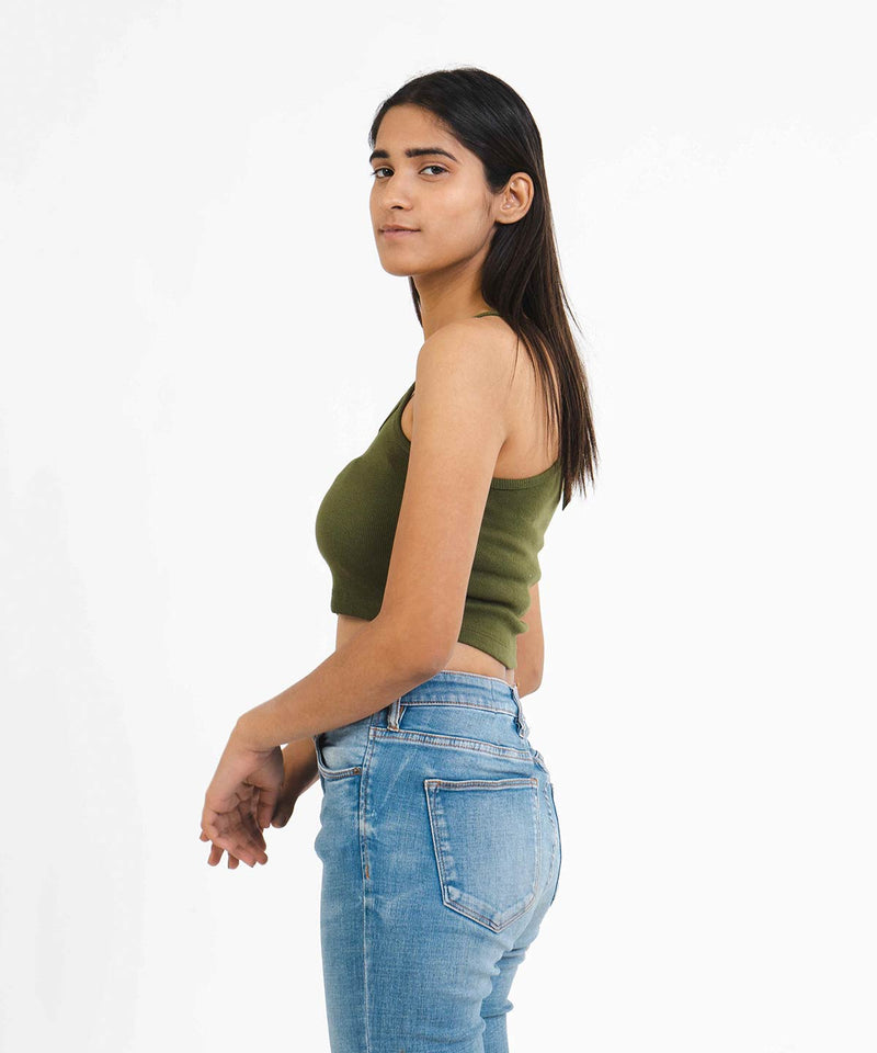 Ribbed Thin Strap Crop Top - Olive green