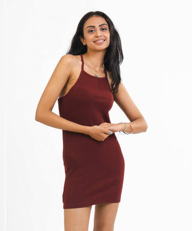 Ribbed Thin Strap Dress - Maroon - TheBTclub