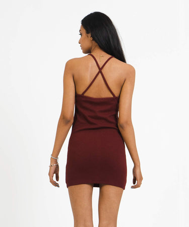 Ribbed Thin Strap Dress - Maroon - TheBTclub