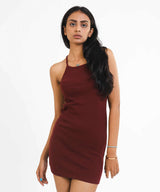 Ribbed Thin Strap Dress - Maroon - TheBTclub