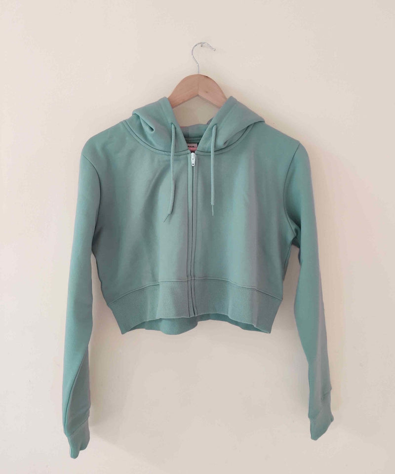 Tame teal - Basic  Zipped Crop Hooded Sweatshirt