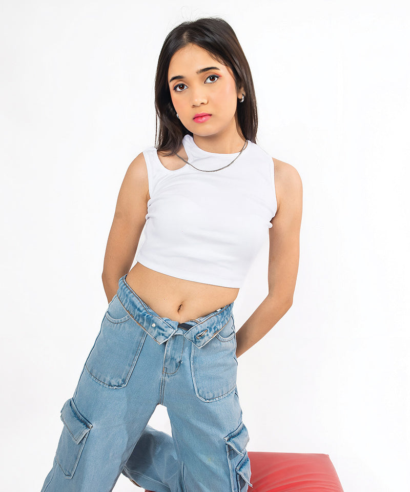Ribbed shoulder cutout top - White