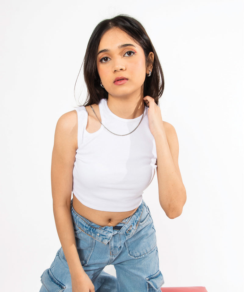 Ribbed shoulder cutout top - White
