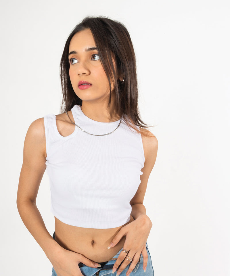 Ribbed shoulder cutout top White