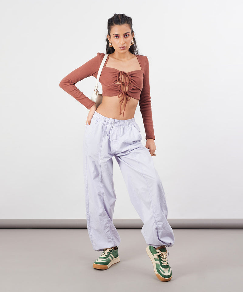 Ribbed crop front detail top - Brown