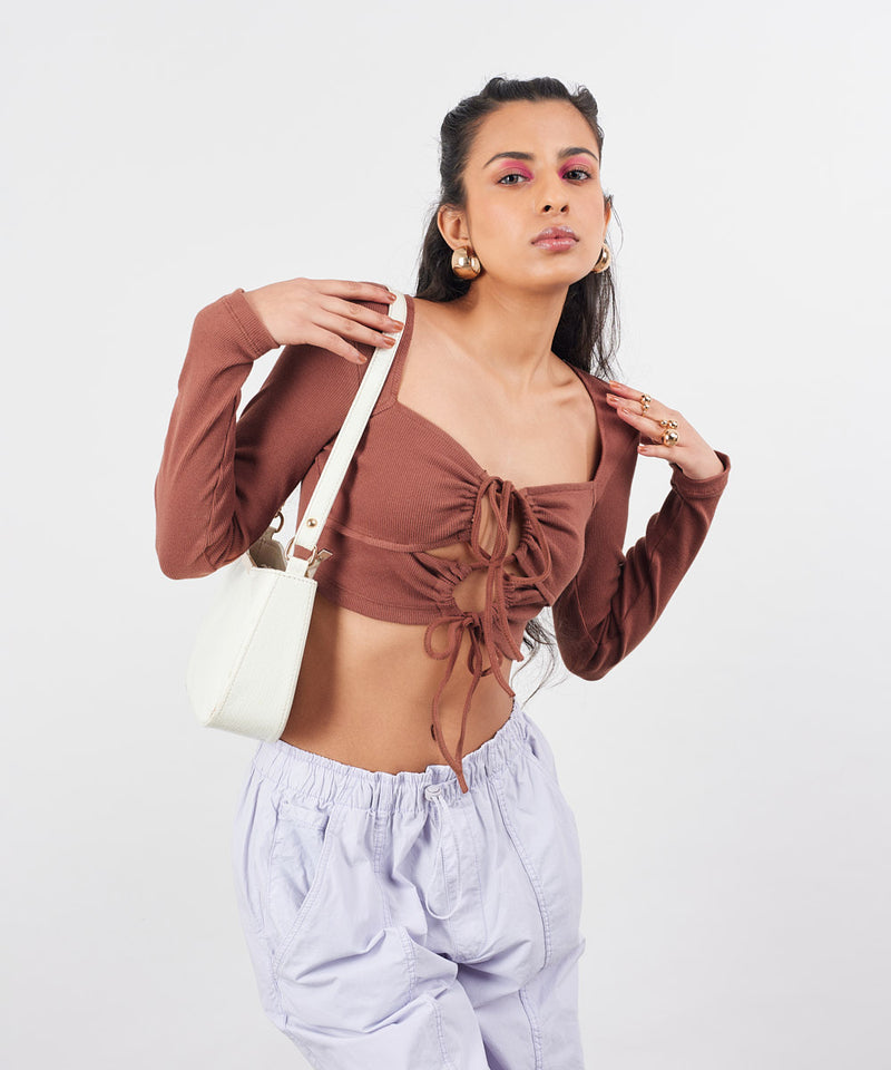 Ribbed crop front detail top - Brown