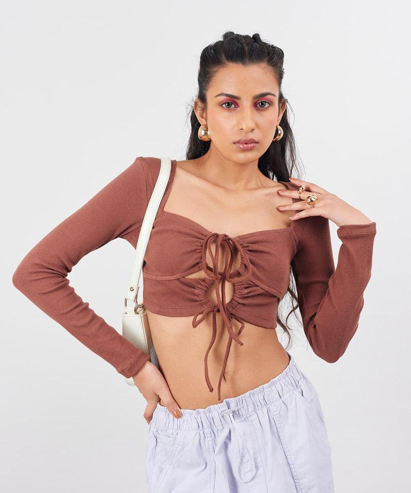 Ribbed crop front detail top - Brown