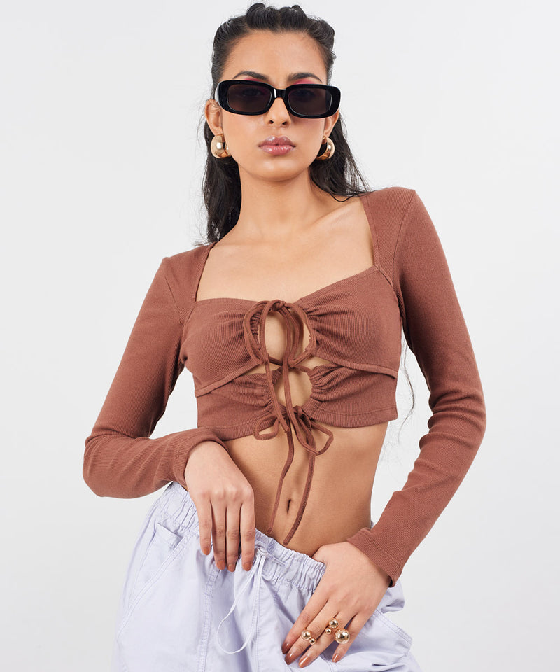 Ribbed crop front detail top - Brown