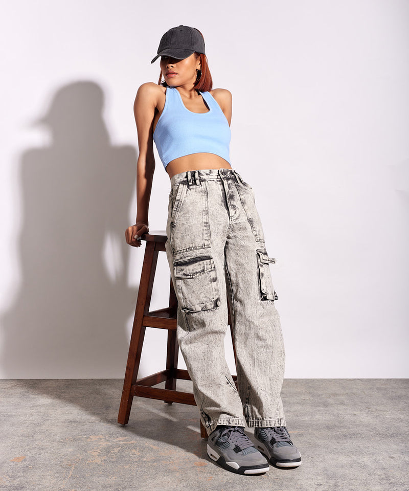 Ribbed HalterNeck Crop Top - Light blue