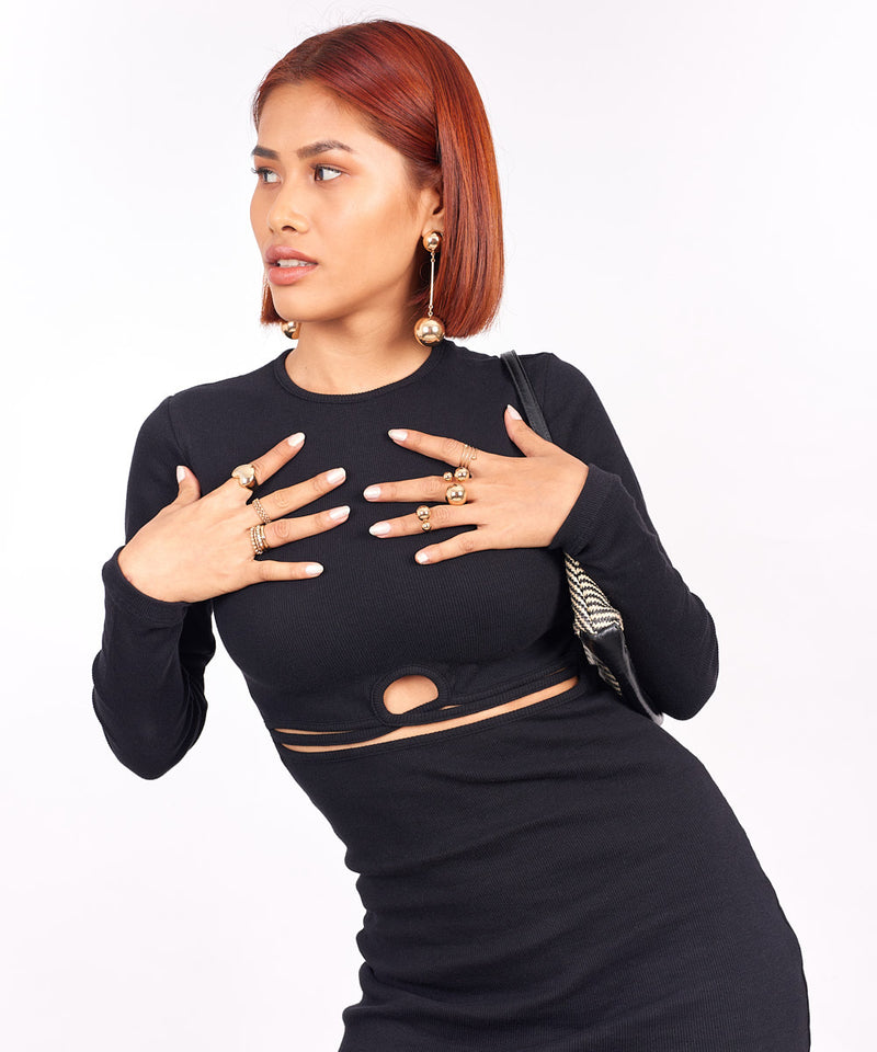 Ribbed Mid Cut Out Bodycon Dress - Black