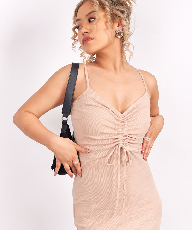 Ribbed Ruched detail sheath  bodycon dress - Beige
