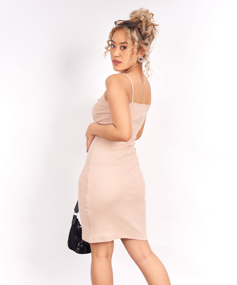 Ribbed Ruched detail sheath  bodycon dress - Beige