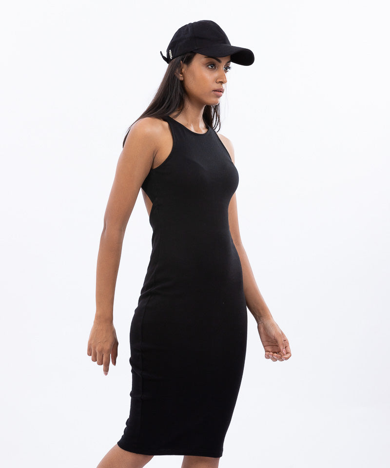 Ribbed High Neck Slit Back Bodycon Dress - Black